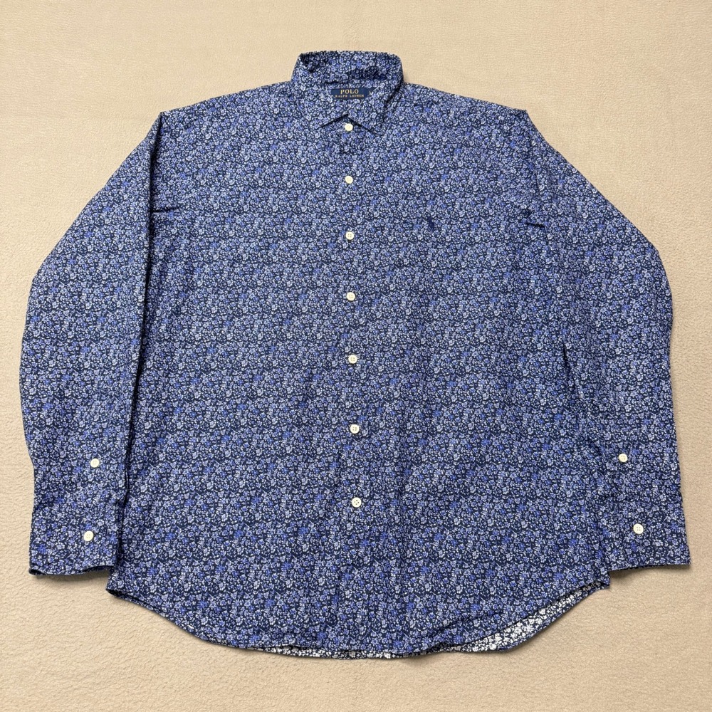 Polo Ralph Lauren Button Down Shirt Mens L Blue Floral Cotton Long Sleeve
